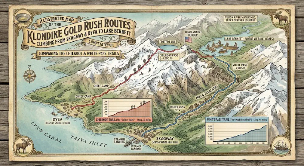 The two routes prospectors could take, hard and harder.
